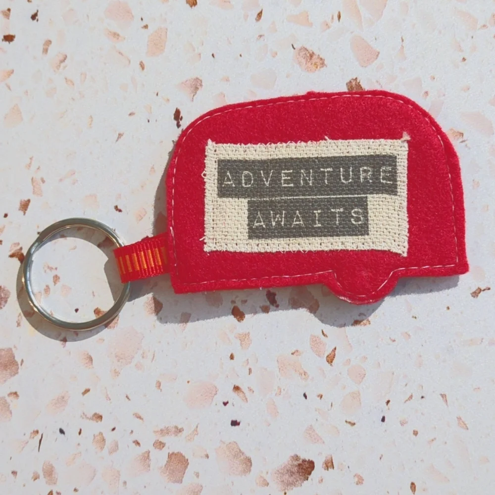 Red Handcrafted Retro Camper Key Tag Cute Adventure Awaits Quote| New #6